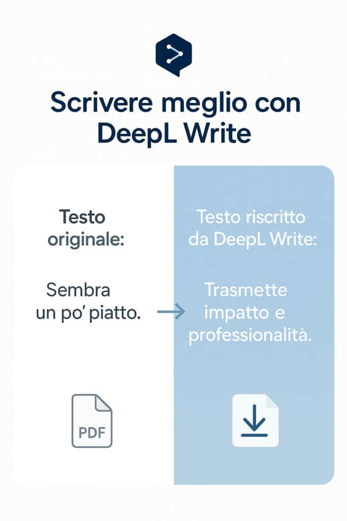 Infografica DeepL Write che mostra il miglioramento di un testo originale piatto in una versione più professionale e d’impatto