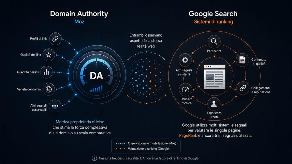 Domain Authority: cos’è davvero, come si misura e quanto conta nella SEO 1 Schema concettuale che distingue Domain Authority di Moz dai sistemi di ranking di Google