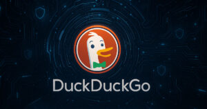 Navigazione sicura e anonima con DuckDuckGo – Motore di ricerca privacy-first in uno scenario futuristico.