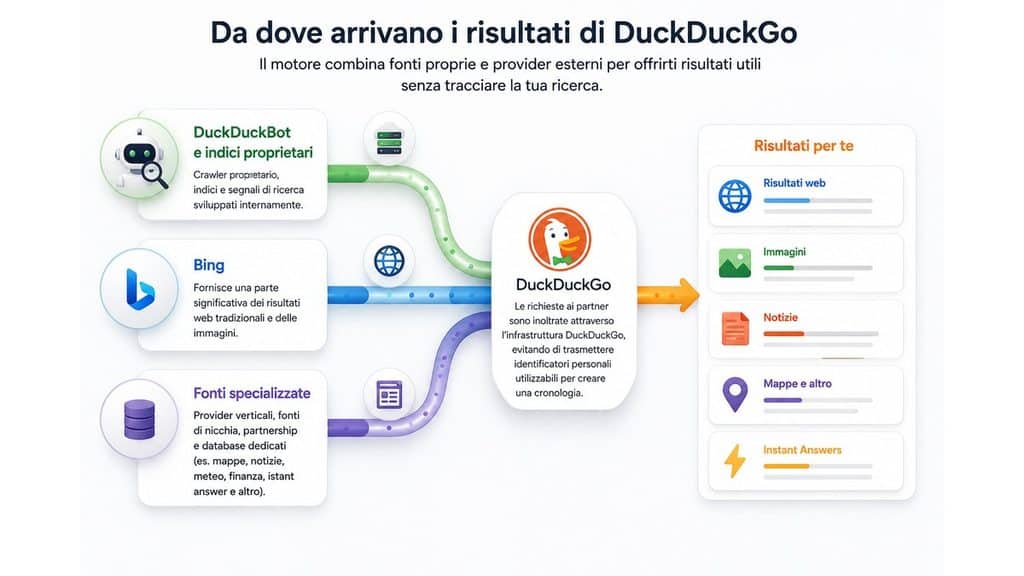 DuckDuckGo: cos’è, come funziona e quanto protegge davvero la privacy 1 Diagramma con DuckDuckBot, Bing e fonti specializzate che contribuiscono ai risultati DuckDuckGo