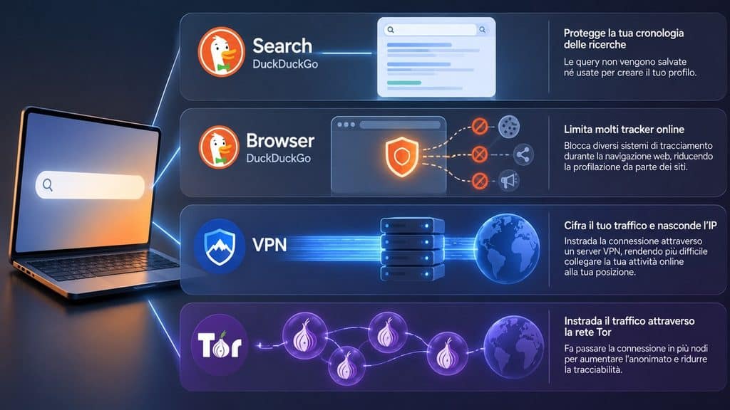 DuckDuckGo: cos’è, come funziona e quanto protegge davvero la privacy 2 Confronto visivo tra DuckDuckGo Search, browser DuckDuckGo, VPN e Tor e i diversi livelli di protezione