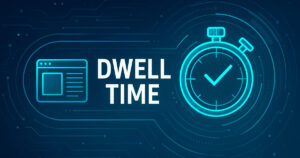 Illustrazione futuristica che rappresenta il dwell time con cronometro digitale e interfaccia web, simboli tecnologici e design cibernetico