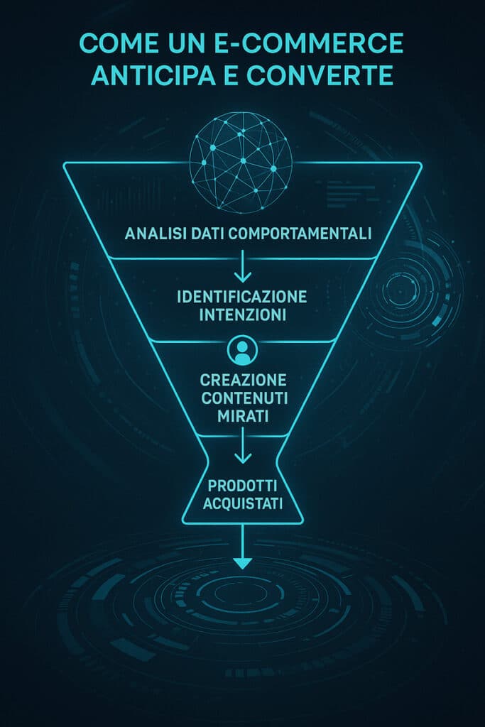 Schema a imbuto invertito che mostra come un e-commerce utilizza la SEO predittiva per analizzare i dati, identificare intenzioni, creare contenuti mirati e convertire.