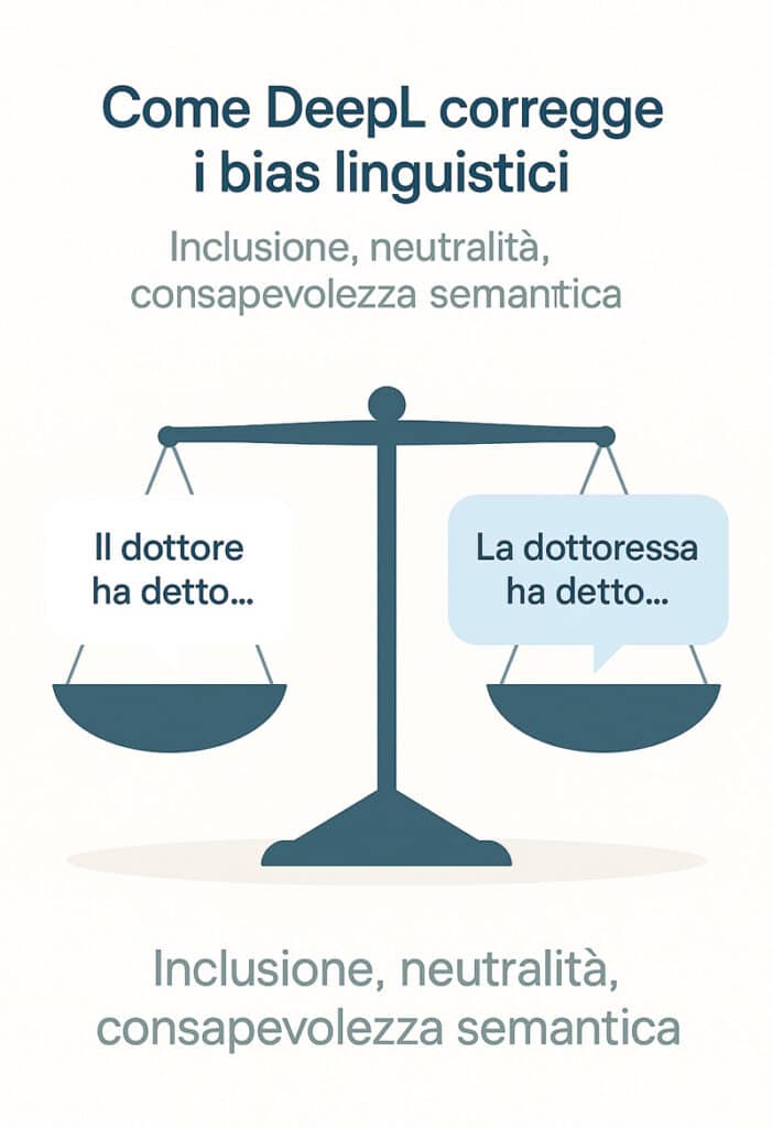 Illustrazione in stile piatto con una bilancia che confronta due frasi: “Il dottore ha detto…” e “La dottoressa ha detto…”, simbolo visivo della neutralità linguistica affrontata da DeepL