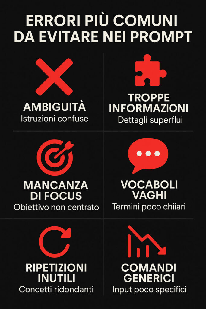 nfografica in italiano che mostra i 6 errori più comuni da evitare nella scrittura di un prompt Midjourney, con icone simboliche e testo sintetico