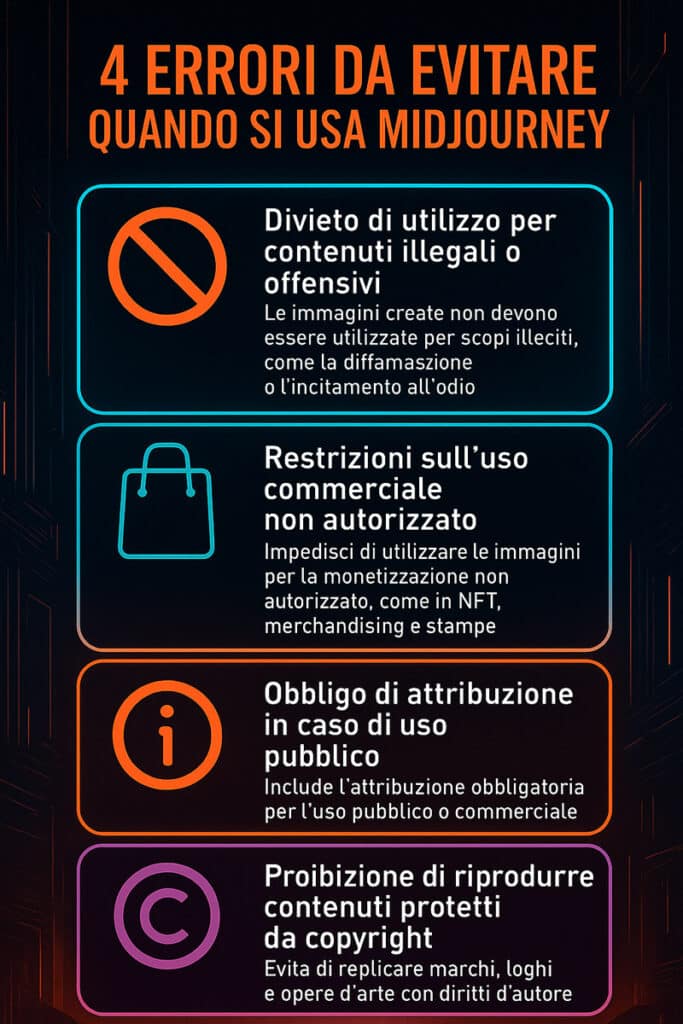 Midjourney AI: la guida definitiva per creare immagini straordinarie 5 Infografica sui 4 errori da evitare quando si utilizza Midjourney AI, con focus su uso commerciale non autorizzato, attribuzione, copyright e contenuti offensivi.