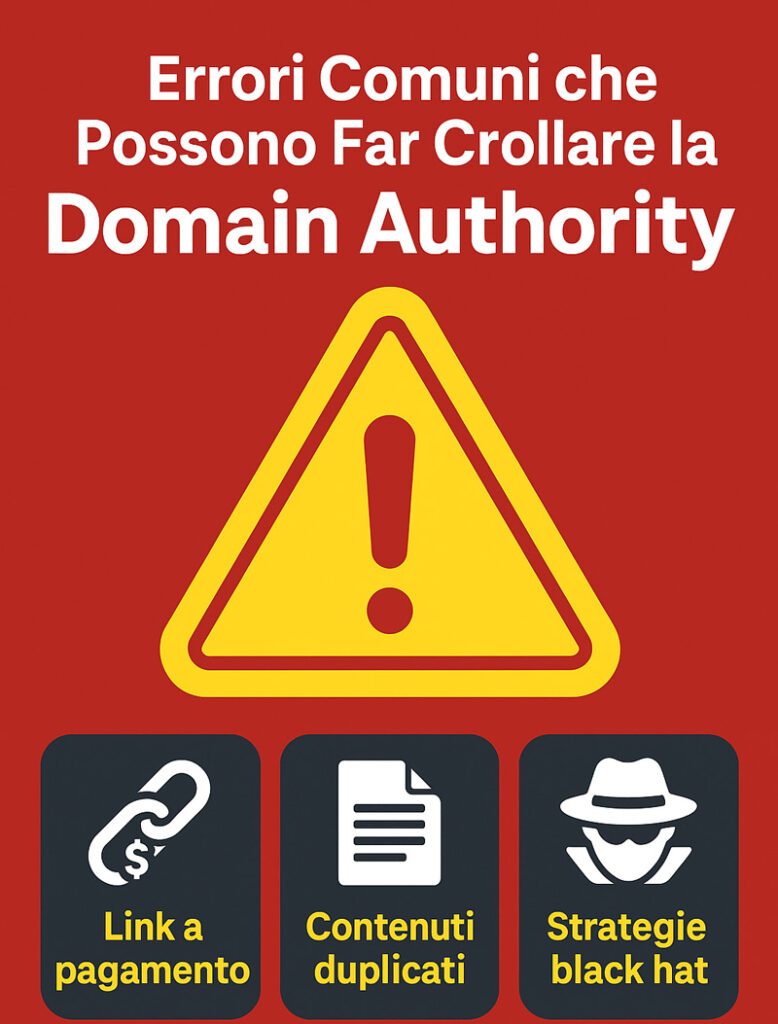 Grafica con simbolo di avviso che evidenzia tre errori SEO comuni che danneggiano la Domain Authority: link a pagamento, contenuti duplicati e strategie black hat