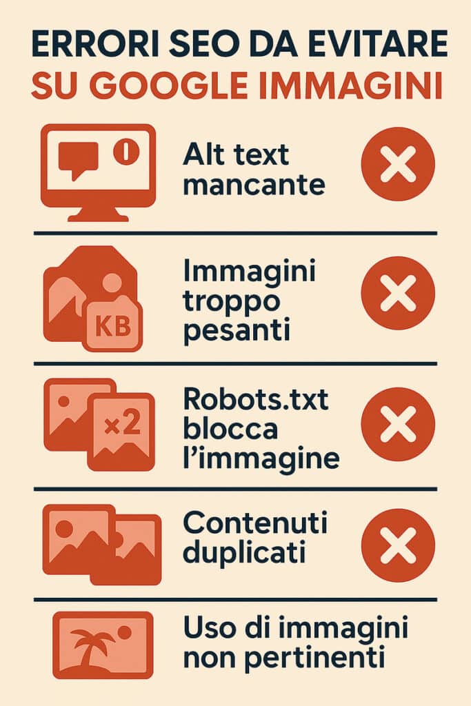 Infografica illustrata con icone che mostra gli errori SEO più comuni da evitare su Google Immagini, come alt tag assente, peso eccessivo e blocchi da robots.txt