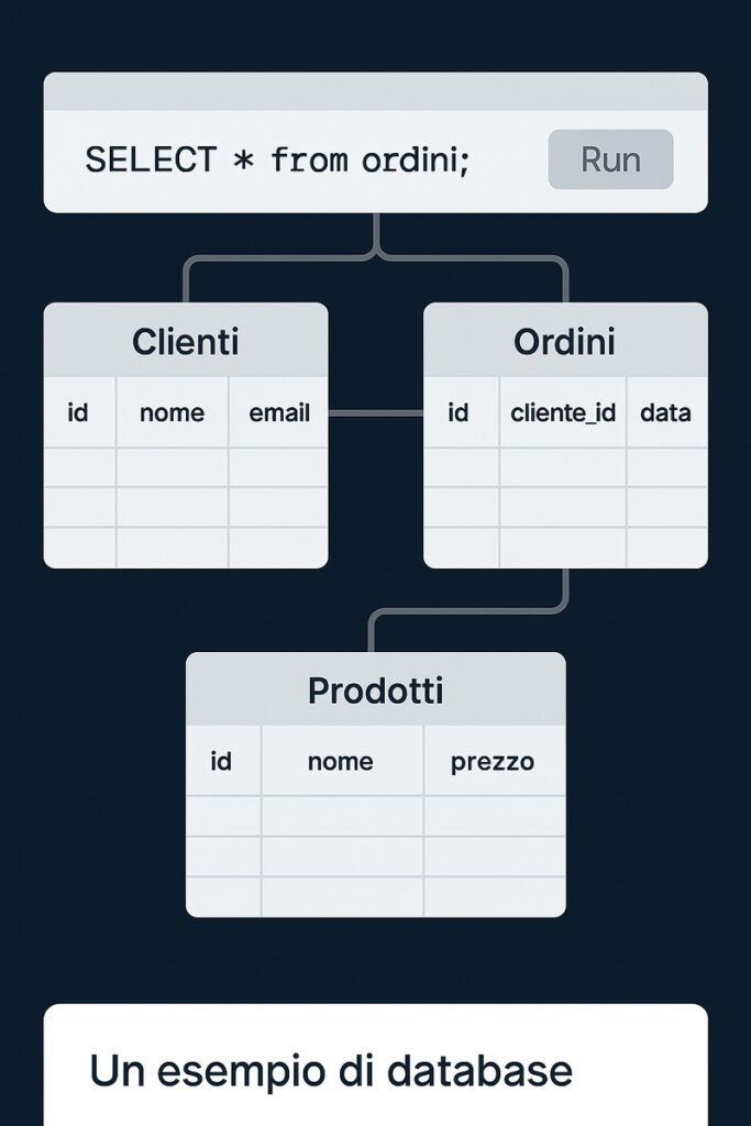 Mockup di database relazionale con tabelle clienti, ordini e prodotti collegate tra loro