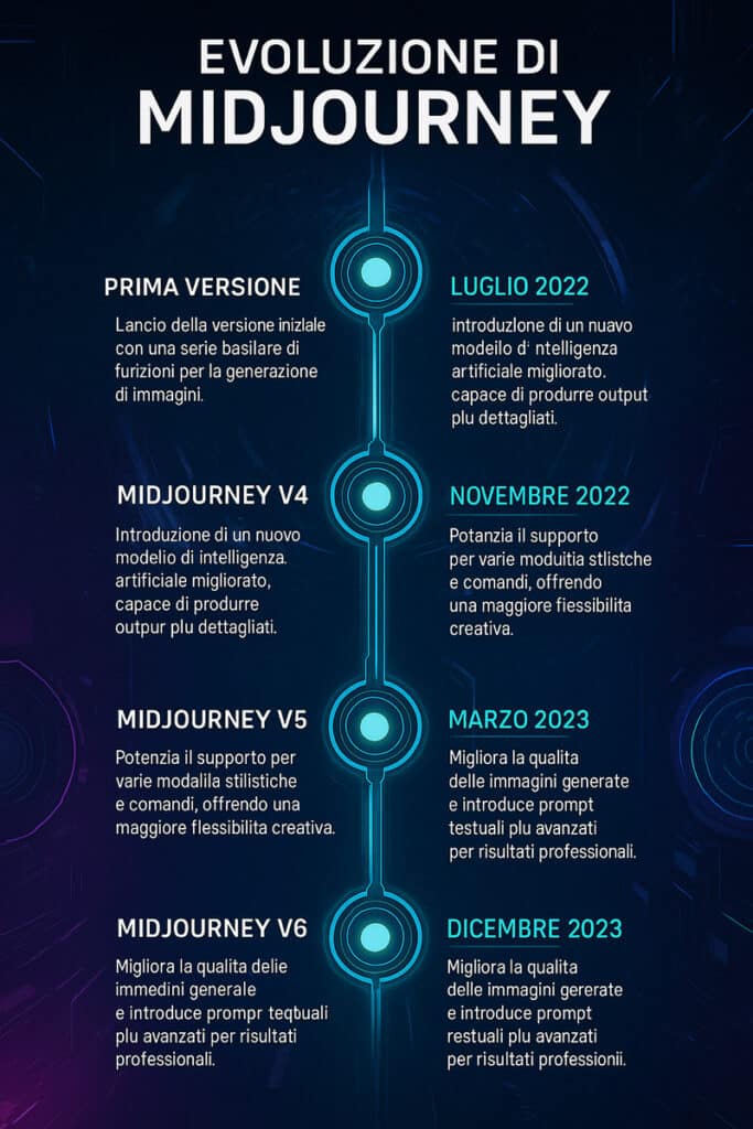Midjourney AI: la guida definitiva per creare immagini straordinarie 1 Linea temporale che illustra l’evoluzione di Midjourney AI, dai primi aggiornamenti fino alle funzionalità attuali, evidenziando i cambiamenti rilevanti.