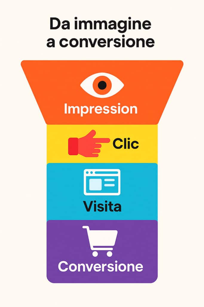 Schema funnel che mostra il percorso di un’immagine su Google Immagini: impression, clic, visita e conversione finale