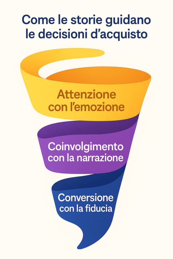 Funnel verticale visivo che mostra come lo storytelling guida le decisioni d’acquisto attraverso emozione, coinvolgimento e fiducia