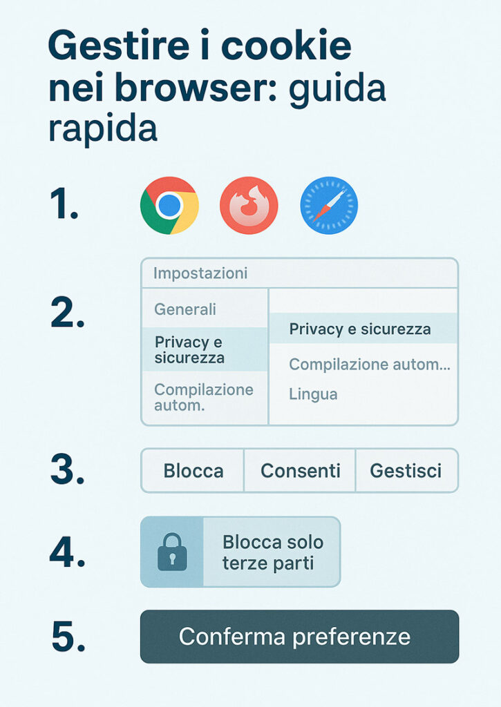 Infografica in italiano che mostra come gestire i cookie nei browser Chrome, Firefox e Safari in 5 step: impostazioni, blocco, consenso e preferenze.