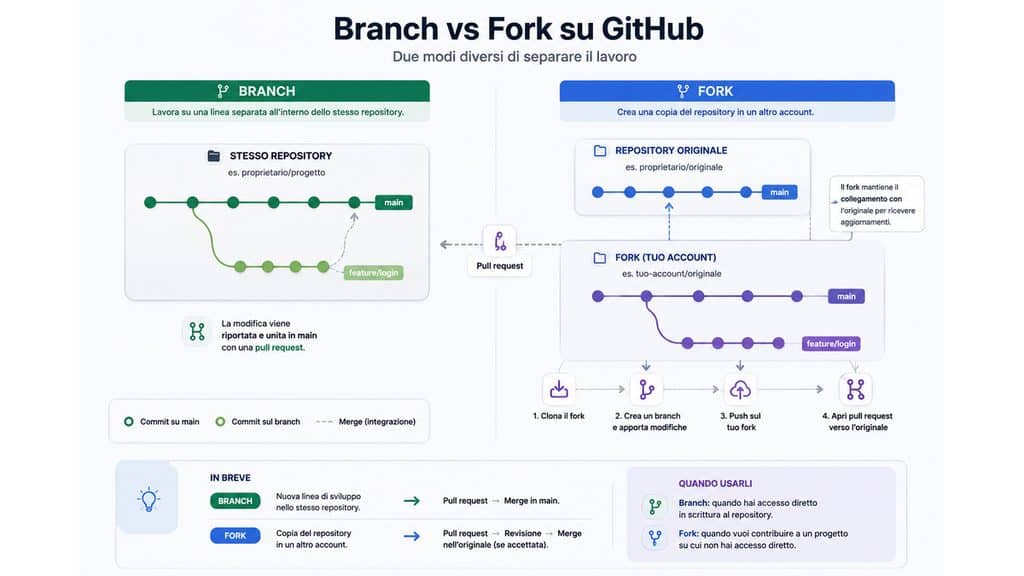GitHub: cos’è, a cosa serve e come usarlo passo passo 2 Differenza tra branch e fork su GitHub: ramo nello stesso repository e copia collegata in un repository separato