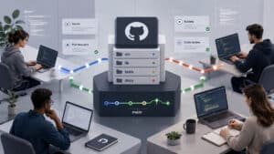 GitHub rappresentato come ambiente collaborativo per repository, versioni del codice e sviluppo software