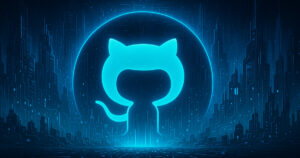 Visuale futuristica ispirata all'interfaccia di GitHub con stile cyberpunk, rappresentazione concettuale della collaborazione digitale