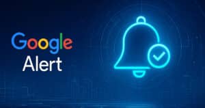 Immagine futuristica del tool Google Alert con logo ufficiale, icona campana e sfondo digitale blu
