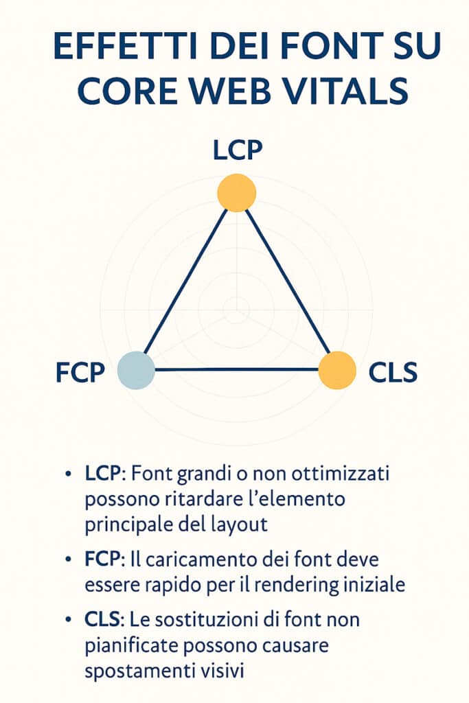 Diagramma comparativo che mostra come i Google Fonts influenzano LCP, FCP e CLS nei siti web, in relazione al metodo di integrazione