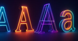 Rendering futuristico di lettere tipografiche A con stili diversi, ispirato a Google Fonts, su sfondo scuro – immagine panoramica ad alto contrasto