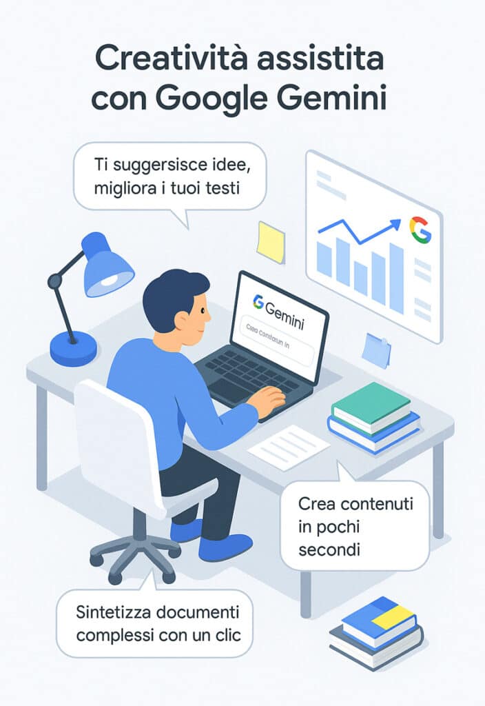 Illustrazione isometrica di un copywriter che usa Google Gemini in un ufficio moderno con elementi di produttività e creatività