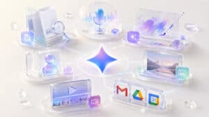 Google Gemini rappresentato come workspace AI con strumenti per ricerca, voce, creazione e produttività