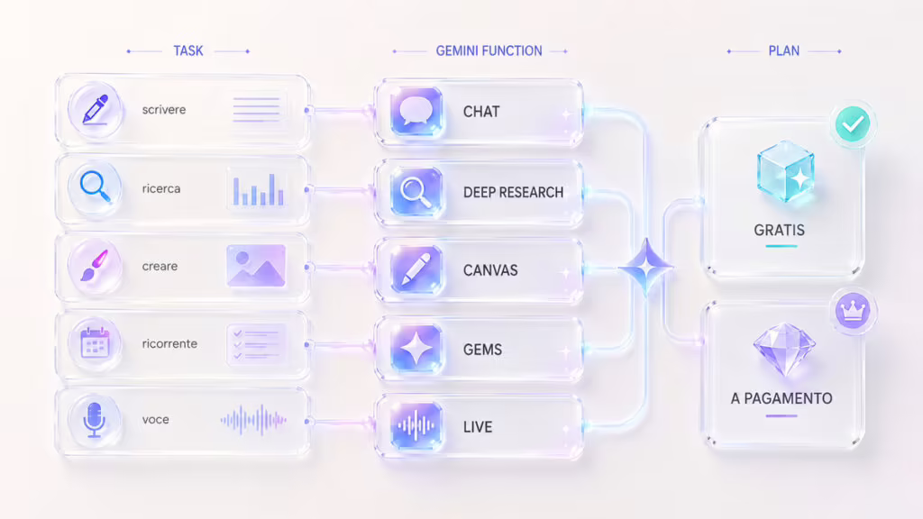 Google Gemini: come usarlo, cosa puoi fare e quanto costa 1 Schema per scegliere la funzione Google Gemini in base al task e al piano necessario
