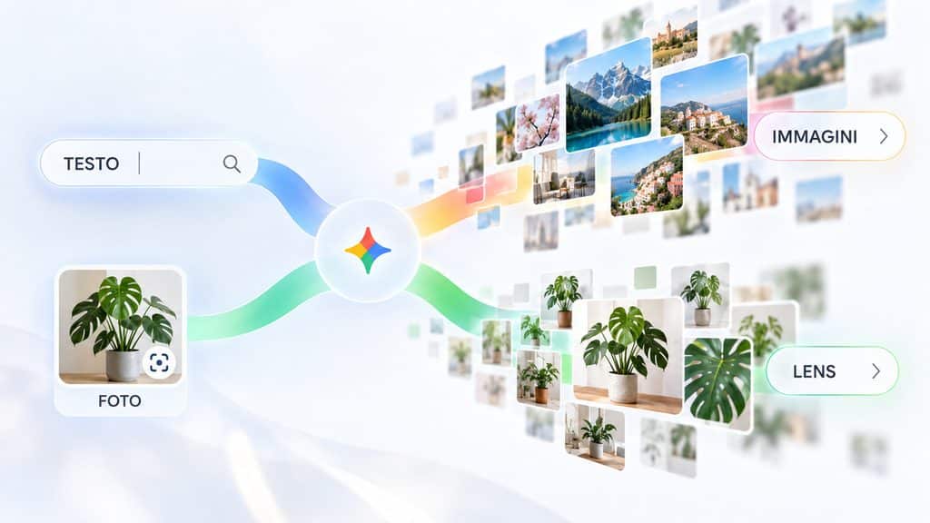Google Immagini: cos’è, come funziona e come usarlo davvero 1 Diagramma che distingue la ricerca tramite testo da quella tramite fotografia