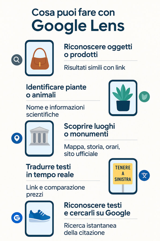 Infografica illustrata che mostra sei casi d’uso di Google Lens: riconoscere oggetti, tradurre testi, identificare luoghi, animali, prodotti e paragrafi