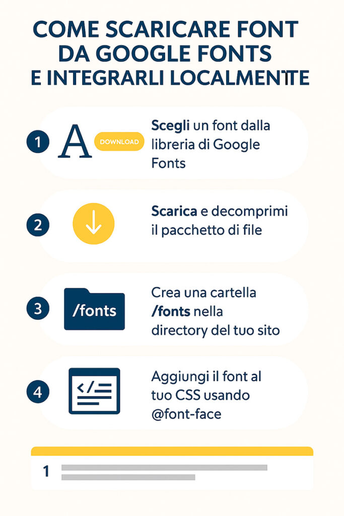 Infografica step-by-step che mostra come scaricare font da Google Fonts, salvarli in locale e integrarli via CSS in un sito web
