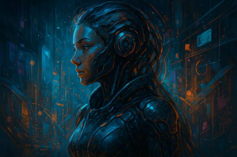 Midjourney AI: la guida definitiva per creare immagini straordinarie 2 Illustrazione futuristica creata con Midjourney AI che rappresenta l’essenza creativa dell’arte generativa, con texture, luci e atmosfere artistiche.