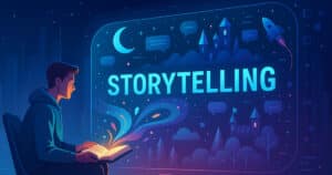 Immagine panoramica futuristica che rappresenta lo storytelling digitale come esperienza immersiva tra parole, immagini e connessioni neurali