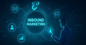 Illustrazione futuristica dell’inbound marketing con interfaccia digitale e icone strategiche