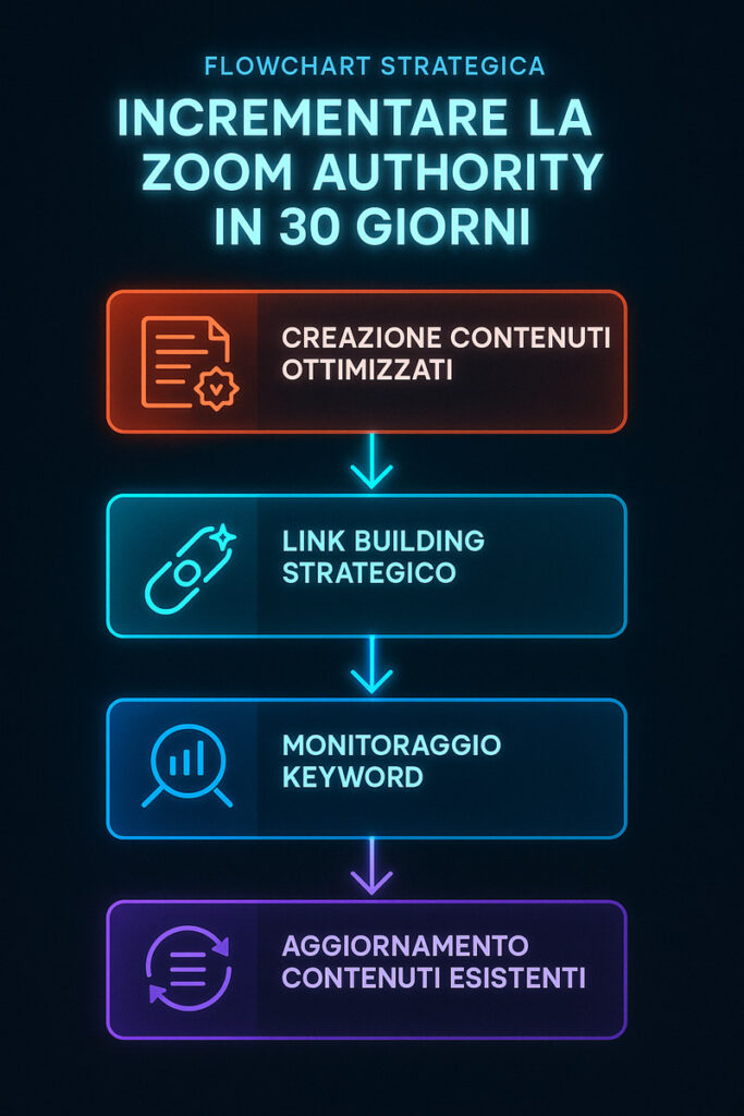 Flusso di lavoro per incrementare la Zoom Authority in 30 giorni, suddiviso in quattro fasi: creazione contenuti ottimizzati, link building strategico, monitoraggio keyword, aggiornamento contenuti esistenti.