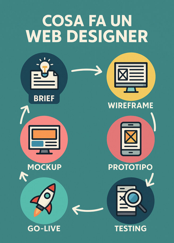 Infografica step-by-step che mostra il flusso di lavoro di un web designer: Brief, Wireframe, Mockup, Prototipo, Testing, Go-live