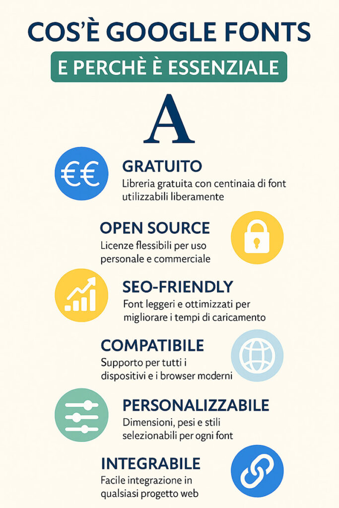 Infografica verticale in italiano che mostra i principali vantaggi di Google Fonts: gratuito, open source, SEO-friendly, compatibile, personalizzabile e integrabile