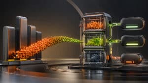Sistema tecnologico che mostra poche query generiche trasformarsi in molte query long tail, raggruppate in cluster di intento e instradate verso pagine condivise o autonome.