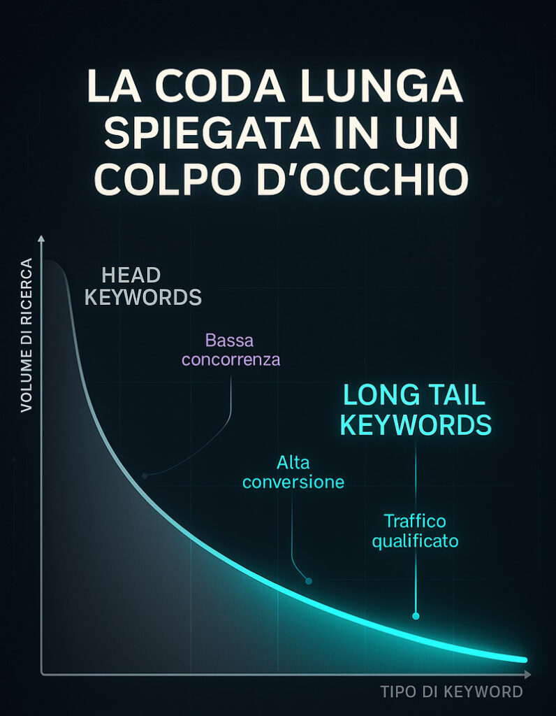 Grafico curva che mostra la differenza tra keyword generiche e long tail keyword, con evidenziazione di traffico e conversioni