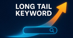 Illustrazione futuristica che rappresenta una long tail keyword come percorso semantico verso risultati SEO mirati