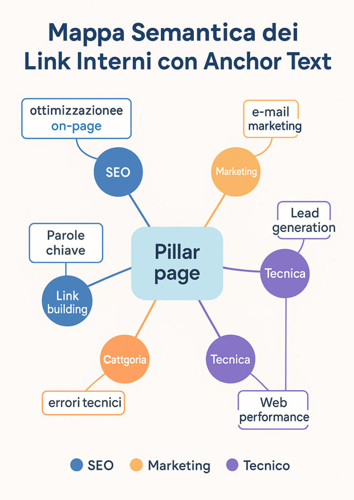 Mappa semantica interattiva dei link interni con anchor text, con pillar page centrale e contenuti satellite categorizzati per argomento SEO, marketing e tecnico