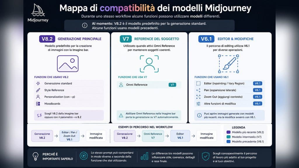 Midjourney: cos’è, come funziona e come creare immagini con l’AI 2 Mappa delle funzioni Midjourney con V8.2 per la generazione, V7 per Omni Reference e V6.1 per diverse funzioni di editing