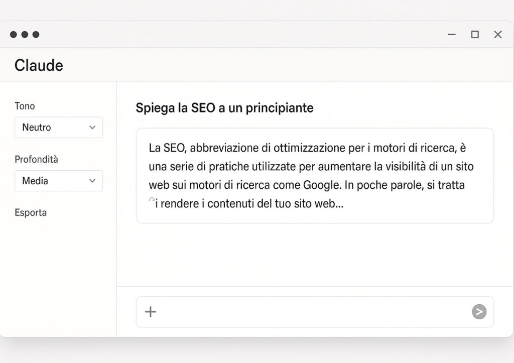 Interfaccia Claude AI con esempio di conversazione attiva e barra laterale di controllo