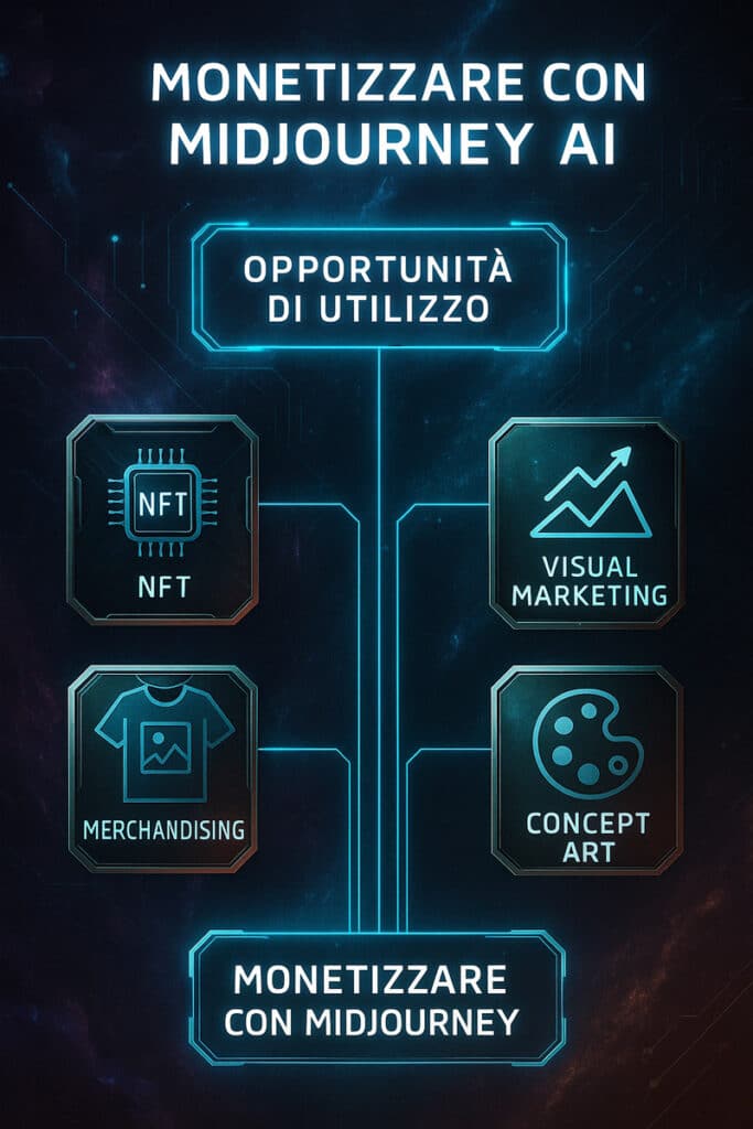 Midjourney AI: la guida definitiva per creare immagini straordinarie 4 Schema strategico che illustra le opportunità di monetizzazione con Midjourney AI, tra NFT, visual marketing, concept art e merchandising.