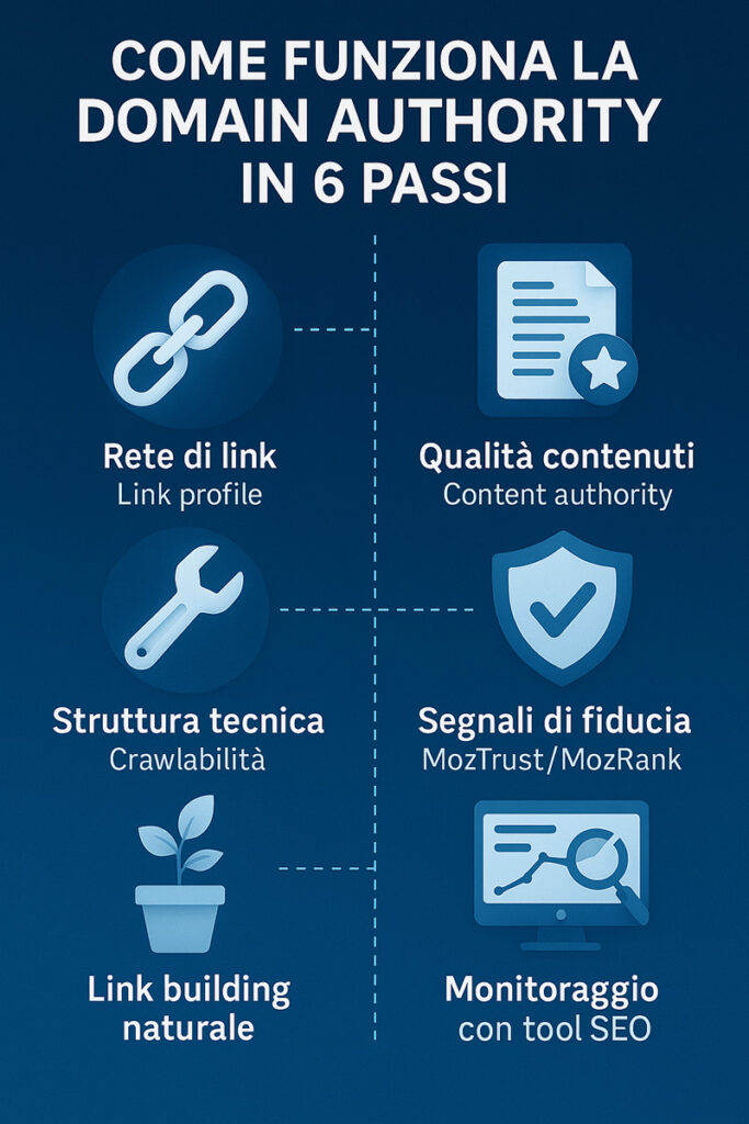 Infografica illustrata che mostra come funziona la Domain Authority in sei passaggi SEO fondamentali: link profile, contenuti, struttura, fiducia, link building, monitoraggio