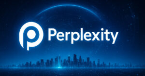 Assistente IA Perplexity AI in ambiente futuristico con elementi digitali e logo ufficiale visibile