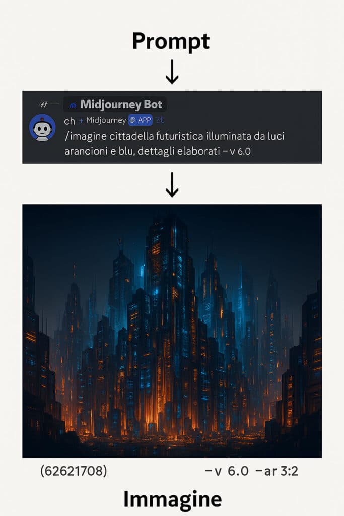 Midjourney AI: la guida definitiva per creare immagini straordinarie 3 Mockup del processo di creazione di un prompt su Midjourney AI, dal testo iniziale all’immagine generata, evidenziando parametri e output visivo.