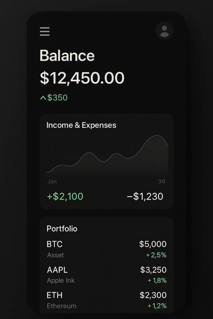 Prompt Midjourney UI: interfaccia app finanziaria minimal dark con layout responsive e dati in tempo reale evidenziati