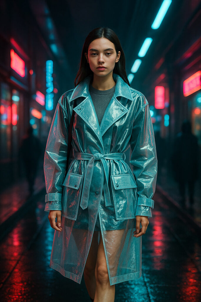 Prompt Midjourney fashion: giovane modella con trench futurista traslucido su passerella urbana illuminata da luci al neon