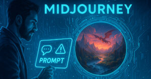 Rappresentazione futuristica di un prompt Midjourney generato da intelligenza artificiale, con elementi visivi in stile cyberpunk e dettagli digitali