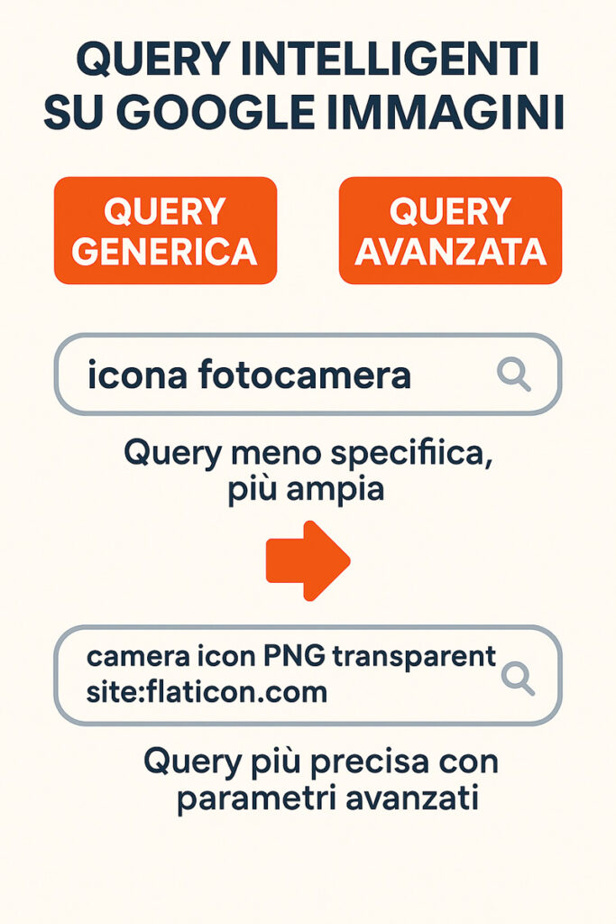 Infografica comparativa che mostra la differenza tra una query generica e una query avanzata su Google Immagini, con esempi reali e frecce esplicative