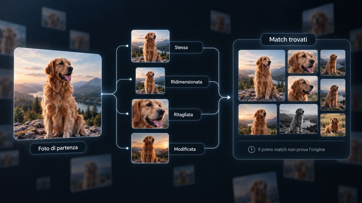 Ricerca per immagini: come cercare da una foto con Google Lens, TinEye e Bing 1 Diagramma con una foto confrontata con copie, ritagli, ridimensionamenti e modifiche